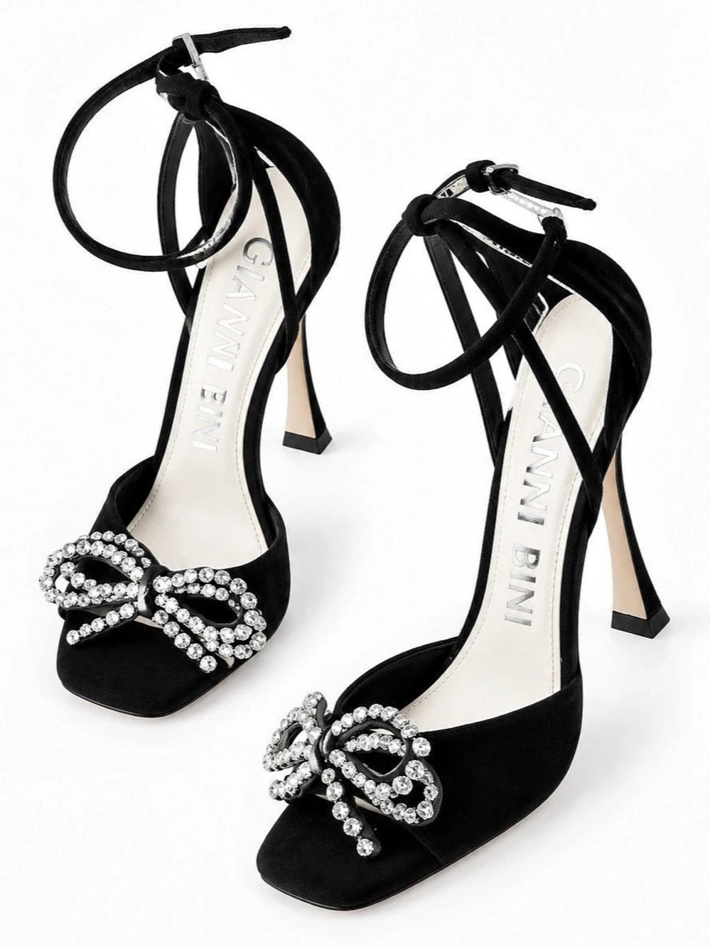 Gianni Bini Ransley Suede Bow Square Toe Dress Sandals Heels Black US 7.5M